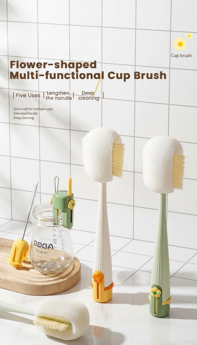 Multifunctional 5-in-1 Bottle Brush – Great for Cleaning Cup Lids & Home Kitchen Chores