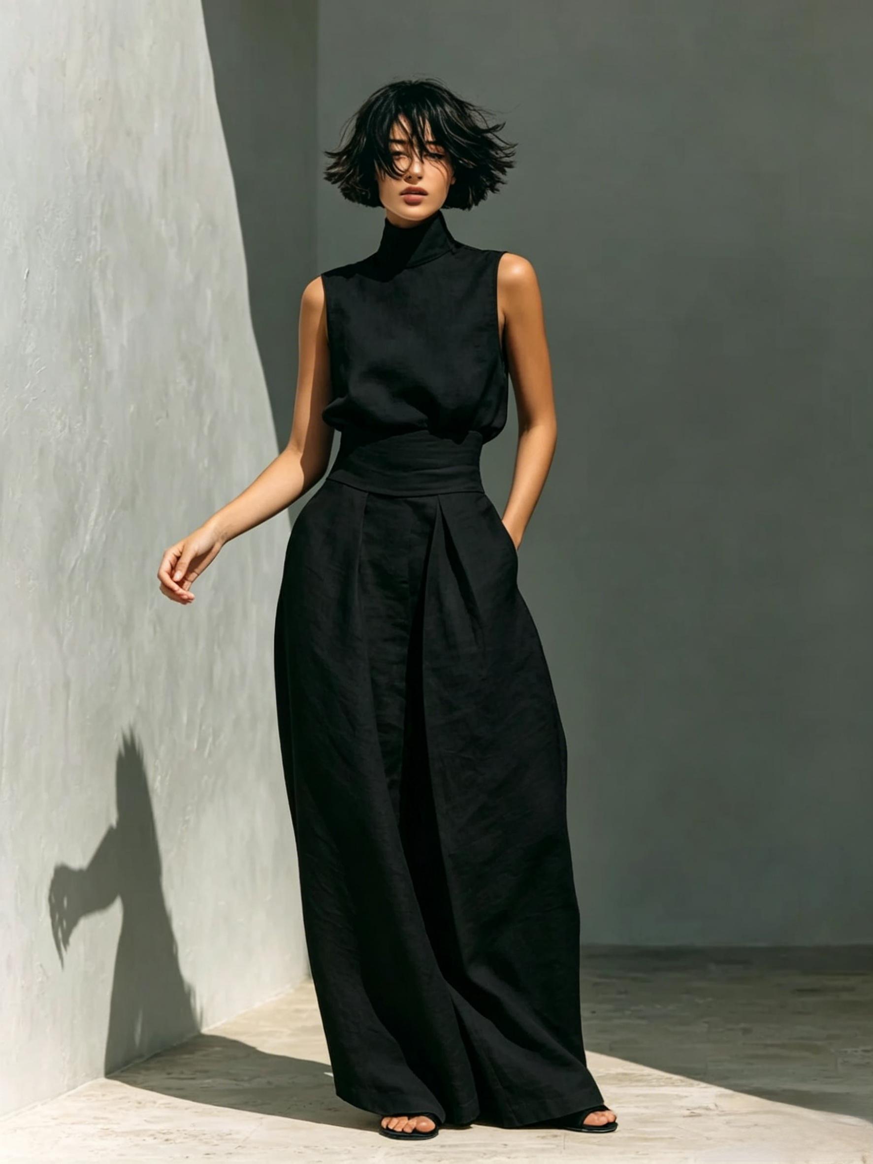 D2110 Solid Color High Neck Athleisure Two Piece Set For Women Elegant Sleeveless Top Matching Flowy Drape Wide Leg Pants Pockets Classic Old Money Aesthetic Casual Everyday Co Ord Outfit Clothes