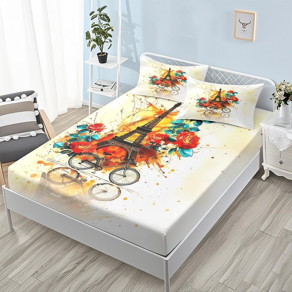 2/3 Pcs Paris Tower And Rose Pattern-themed Luxury Fitted Sheet Set(1*Fitted Sheet+1/2*pillowcase,no Filling)Skin-friendly Soft Digital Printed Bedding Set,suitable For New Year,festival Gifts For Family.suitable For All Year Round,machine Washable.