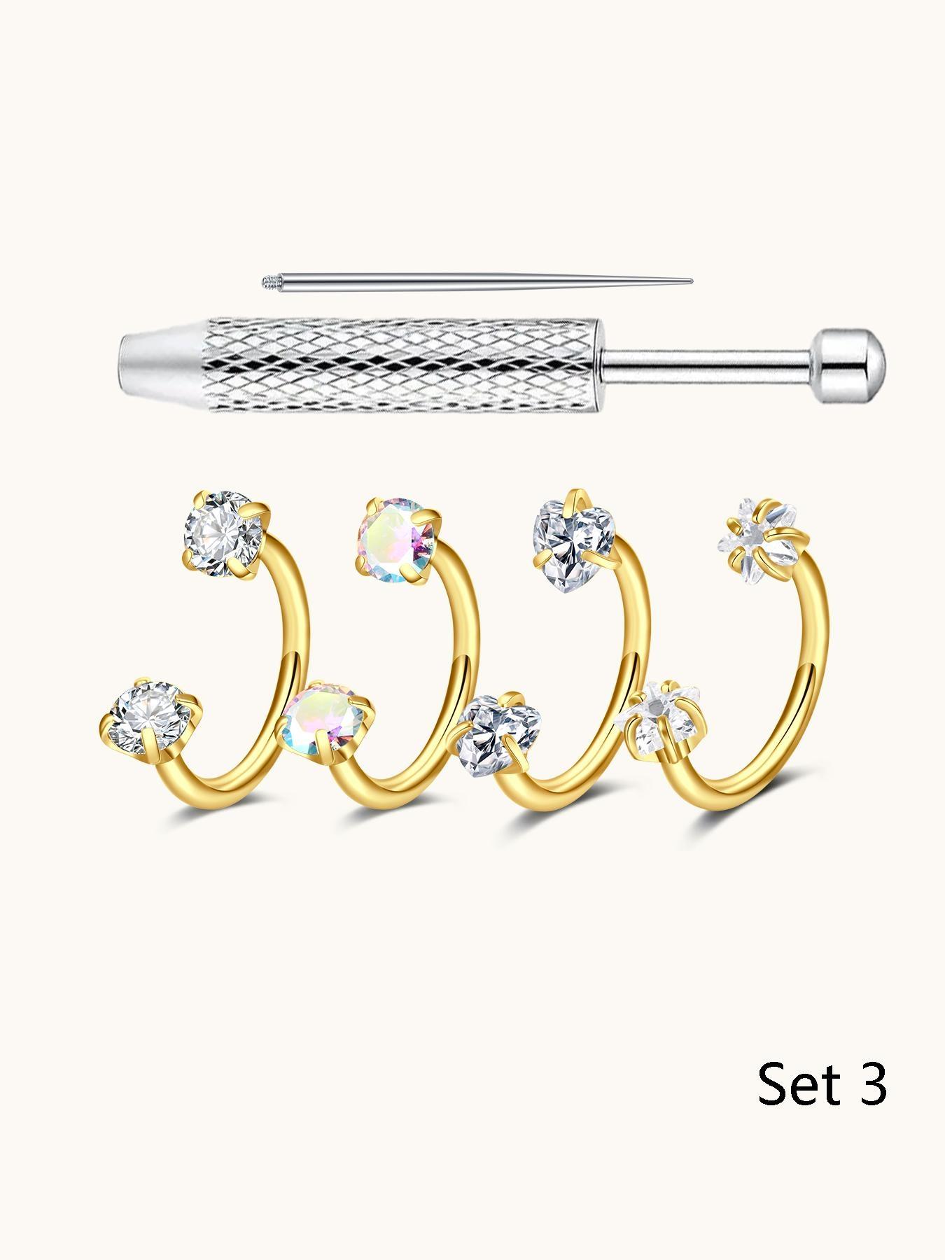 6pcs Heart Star Cz Horseshoe Nose Rings, Internal Threaded Stainless Steel 18gauge 8mm Hoops, Ideal for Nose, Cartilage, Tragus, Helix & Lip Piercings, Nose Piercing Jewelry, Body Jewellery