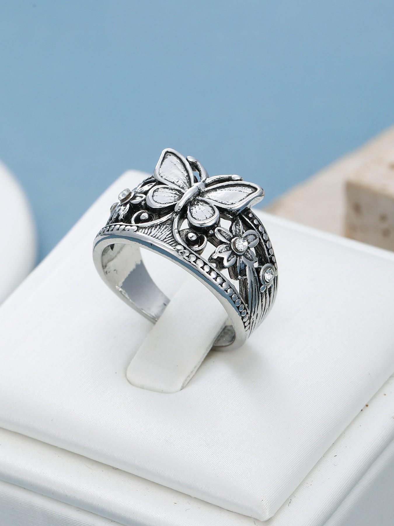 Vintage Hollow Butterfly Flower Ring for Women, Ethnic Style Unique Design, Casual Versatile Party Wedding Jewelry, Boho Wedding Ring Jewelry Rings