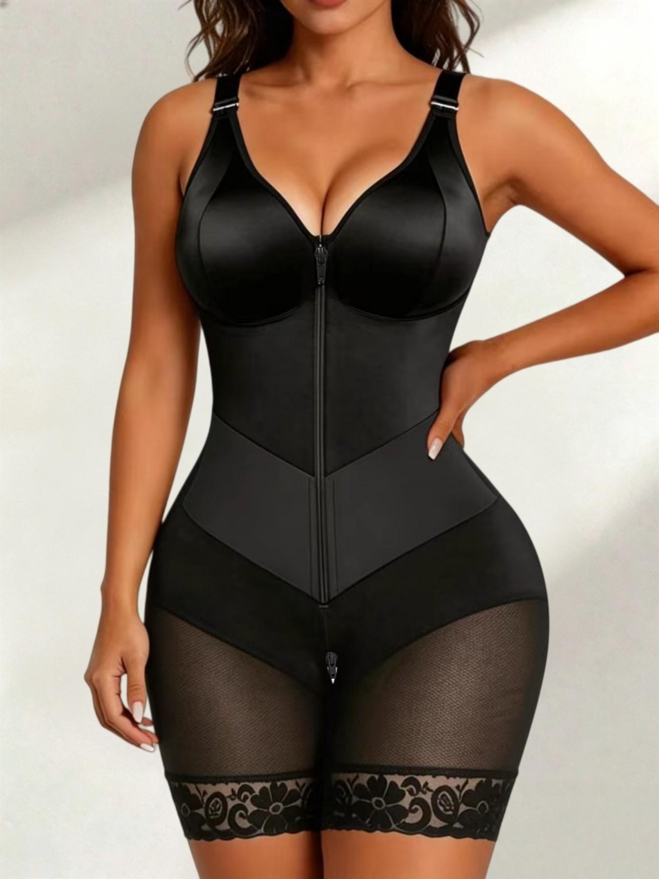 Women's Soft Breathable Full Body Colombian Underwear Shapewear Bodysuit, Zipper Closure Lace Trim Body Shaper with Adjustable Straps, Skin-Friendly V-Neck Shapewear for Special Occasions