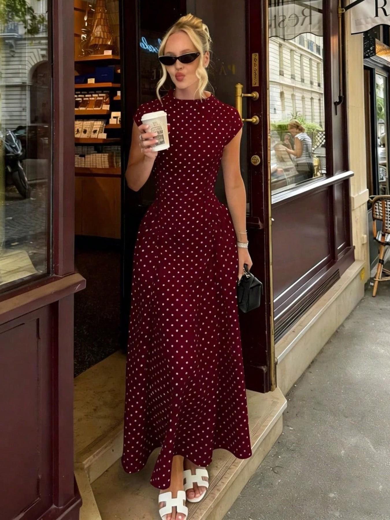Boho Polka Dot Print A-Line O-Neck Maxi Dress, Elegant Summer Party Casual Long Dress for Women, Fashion Dress for Holiday