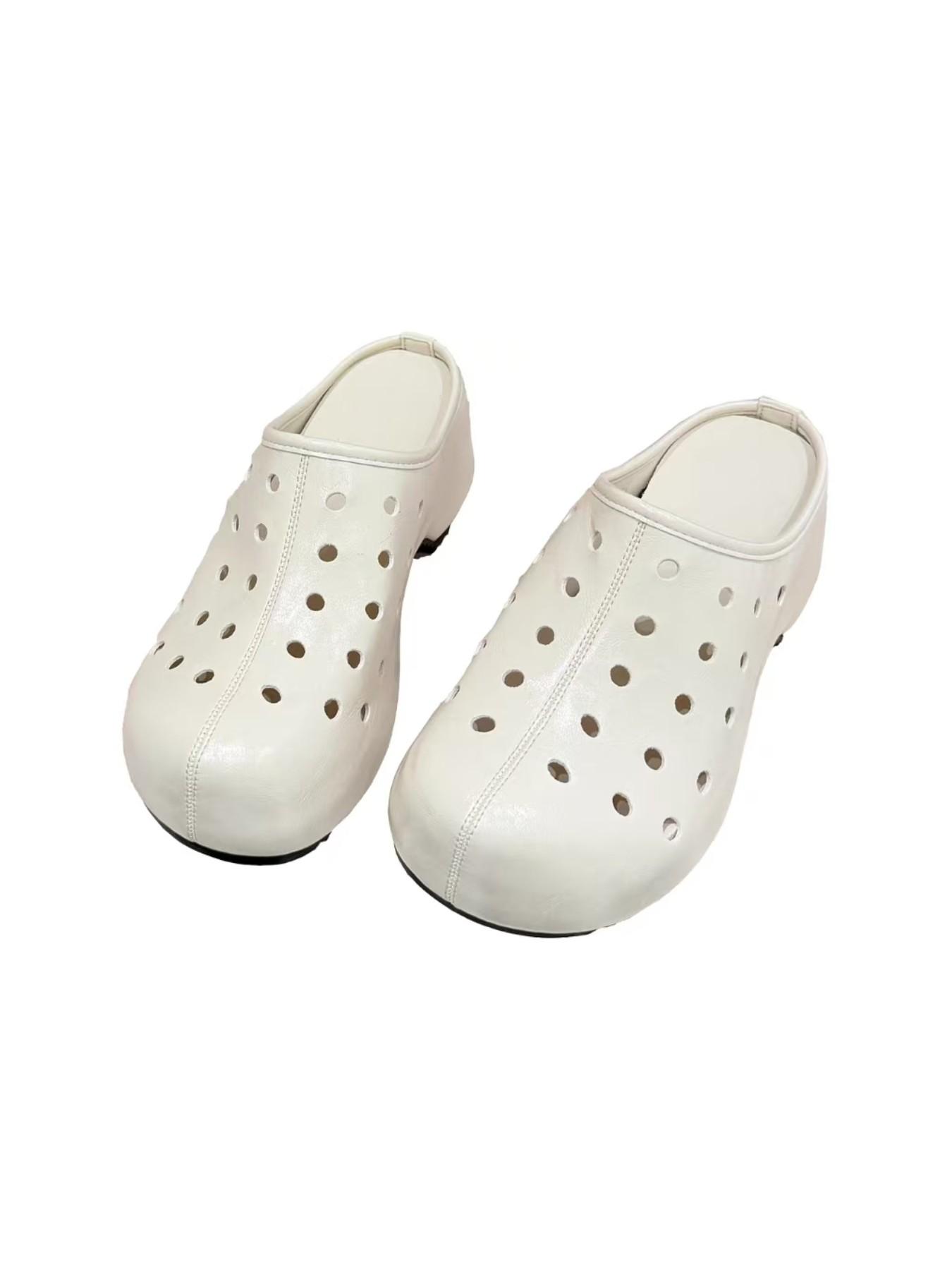 Cream Matte PU Leather Mules, Vintage Breathable Design, Round Hole Pattern, No Heel, Casual Style, Versatile Fashion Shoes