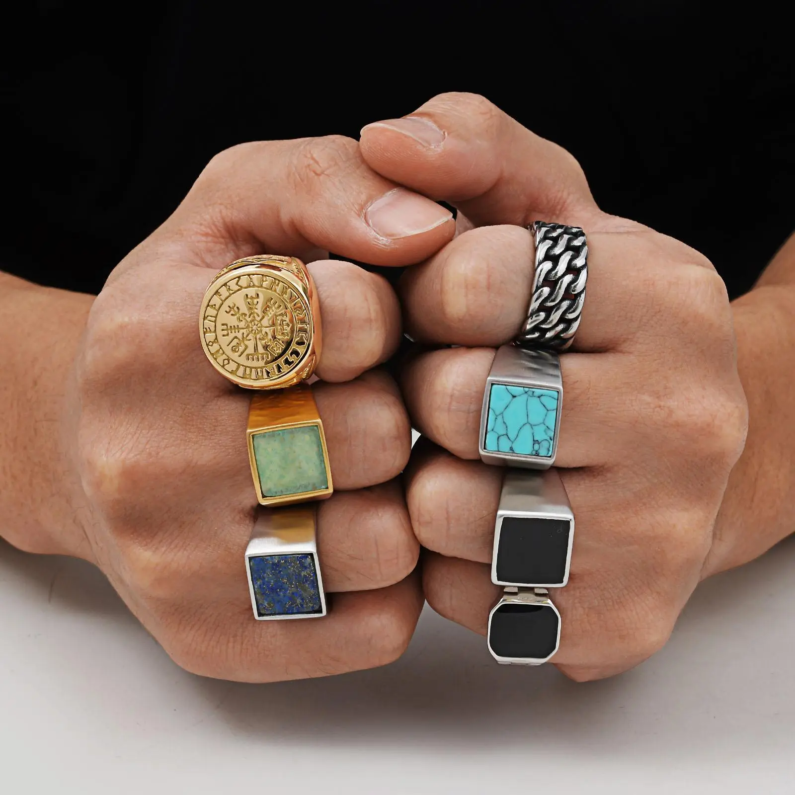 Men's Cool Punk Vintage Natural Stone Geometric Stainless Steel Signet Rings - Copper Rings, Stylish Retro Ethnic Finger Jewelry Gift for Graduation, Thanksgiving, Hanukkah, Diwali, Memorial Day, Passover, Anniversary, Birthday, Costume Jewelry Rings, Fas