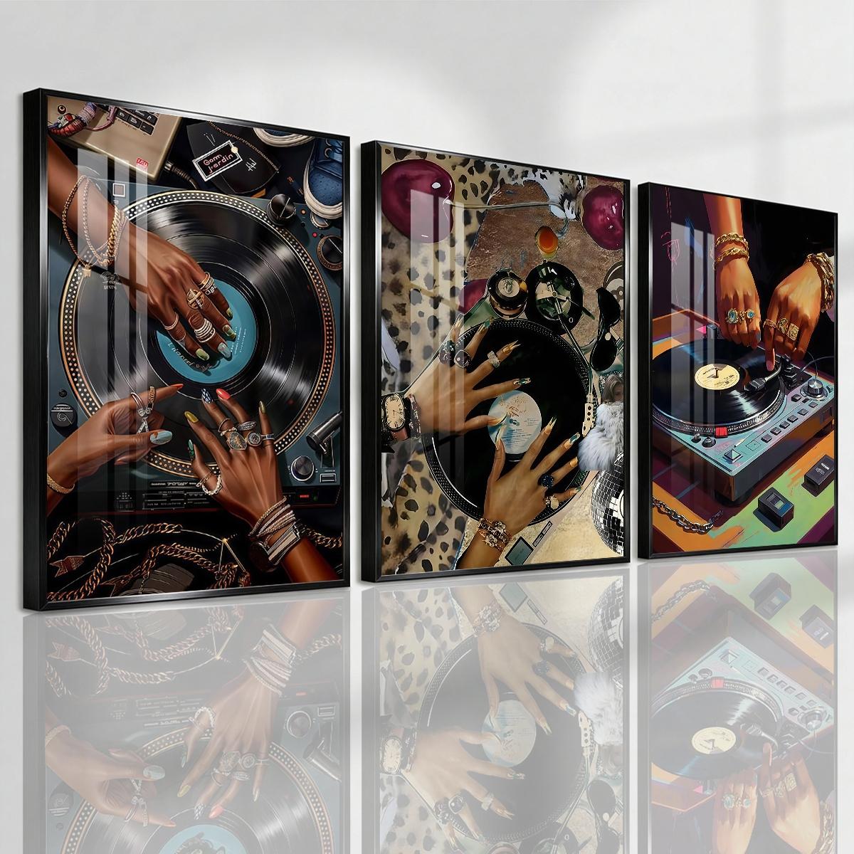 3 Counts Aluminum Alloy Framed Painting, Stylish DJ Vinyl Record Player Art Picture, Home Decoration For Living Room, Bedroom, Office, Restaurant, Hallway Wall Decor, Odorless Print Artwork, Luxury Perfect Gift For Friends And Family
