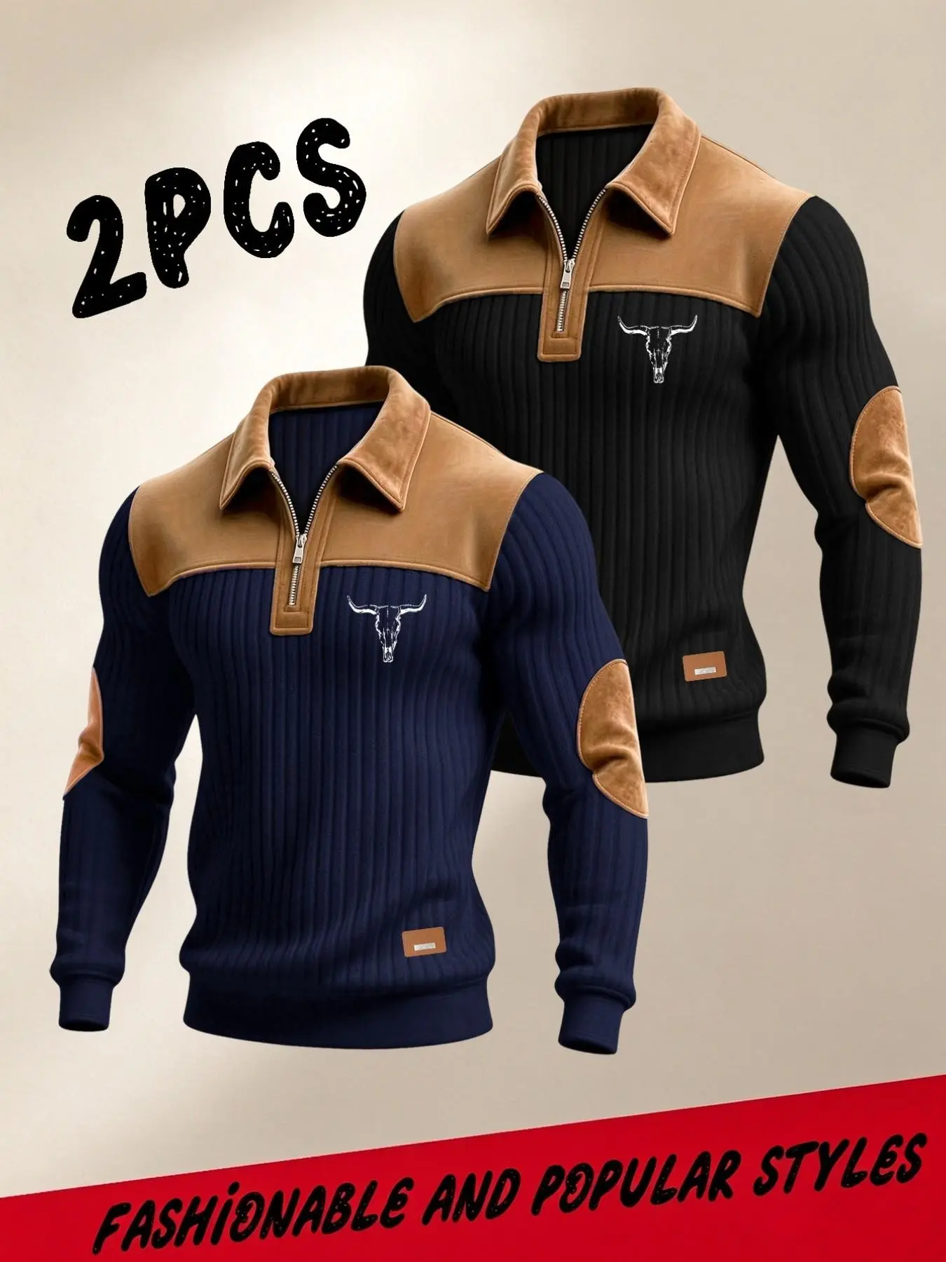 Men's Fall Winter Patchwork Lapel Half-Zip Knit Sweater, American Bull Skull + Suede Long Sleeve Top, Business Texture Pullover Set
