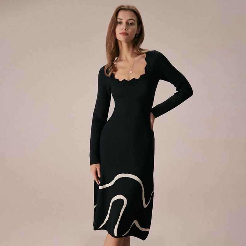 RIHOAS The Black Wave Scalloped Sweater Midi Dress Long Sleeve Womenswear