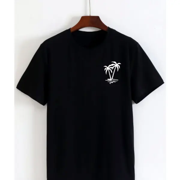 Minimalist Palm Tree Tee – Small White Coconut Palm & Waves Left Chest Print, Clean Black Cotton Shirt, SummerVibes Perfect Gift For Beach Lovers, Best Everyday Capsule Wardrobe Outfit, Black Top