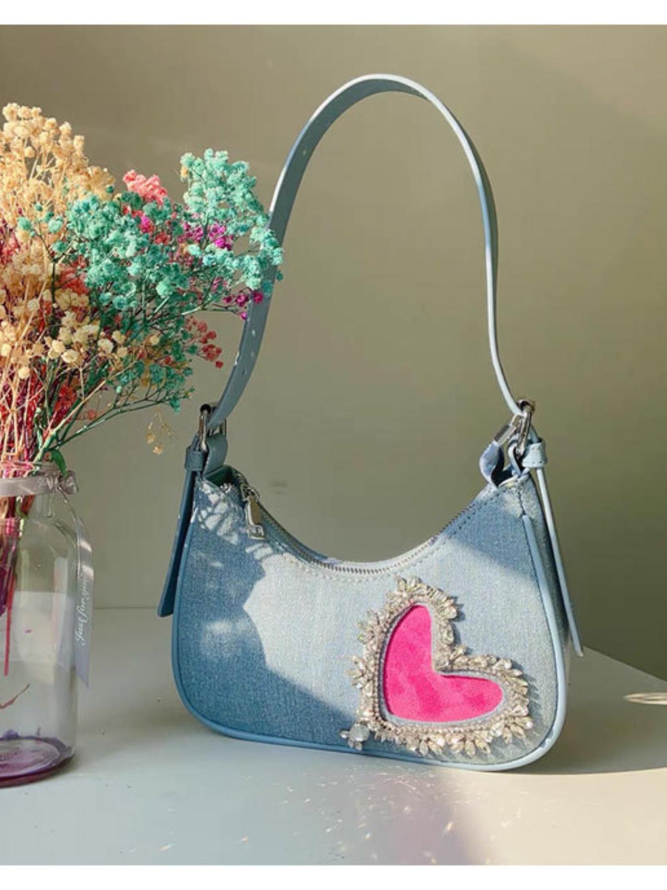 Women's Denim Fringe Heart Underarm Bag, New French Style Design, High-End Rhinestone Shoulder Bag, Trendy Fashion Accessory