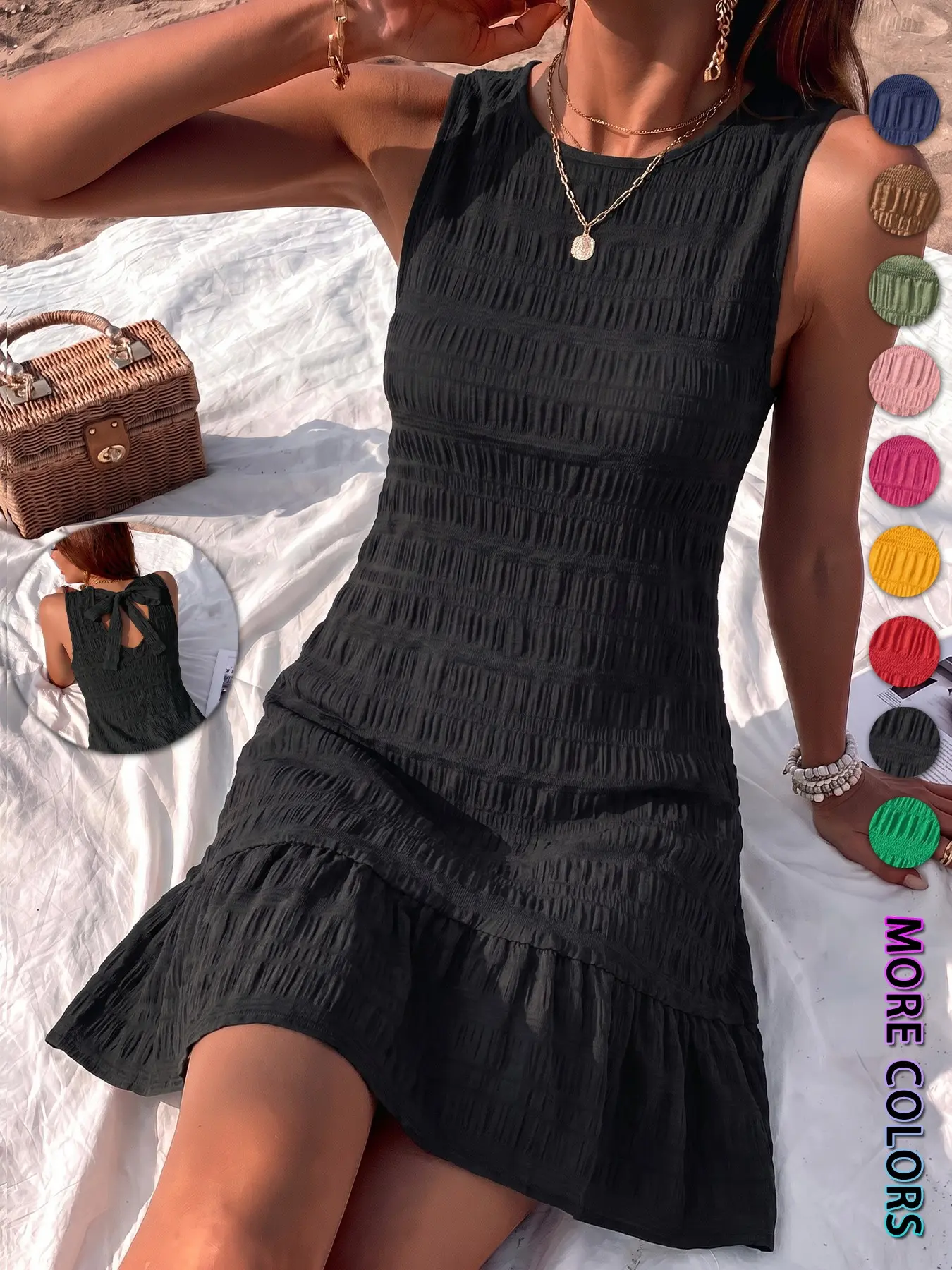 Women's High-End Pleated Sleeveless Dress, Back Tie Design, Leaf Edge, Short Summer Dress, Multiple Colors Available, Beach