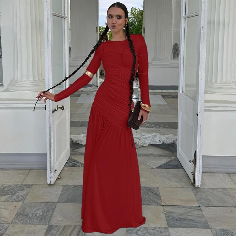 Women's Solid Ruched Round Neck Long Sleeve Pleated Dress, Elegant Plain Patchwork Plicated Slim-fitting Long Dress, Party Club Date Evening Gown Formal Dress, Ladies Spring Fall Winter Casual Dresses Clothes Wear, Formal Bodycon Dress