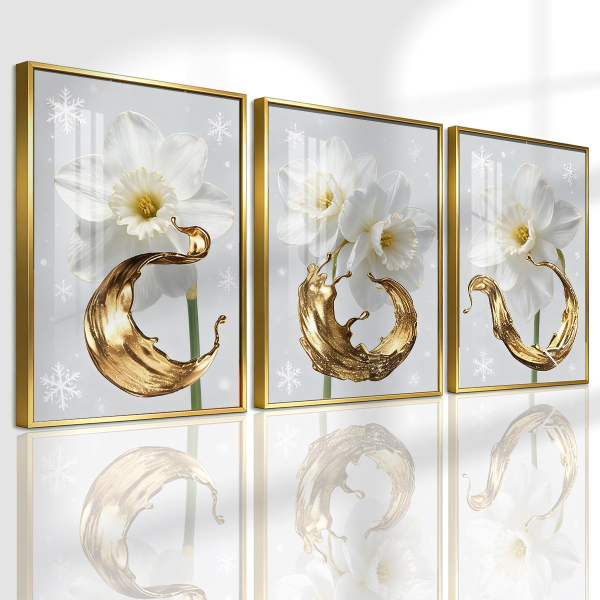 3 Counts Aluminum Alloy Framed Painting, White Daffodil Gold Splash Art Pictures, Home Decoration For Living Room, Bedroom, Office, Restaurant, Hallway Wall Decor, Odorless Print Artwork, Luxury Perfect Gift For Friends And Family