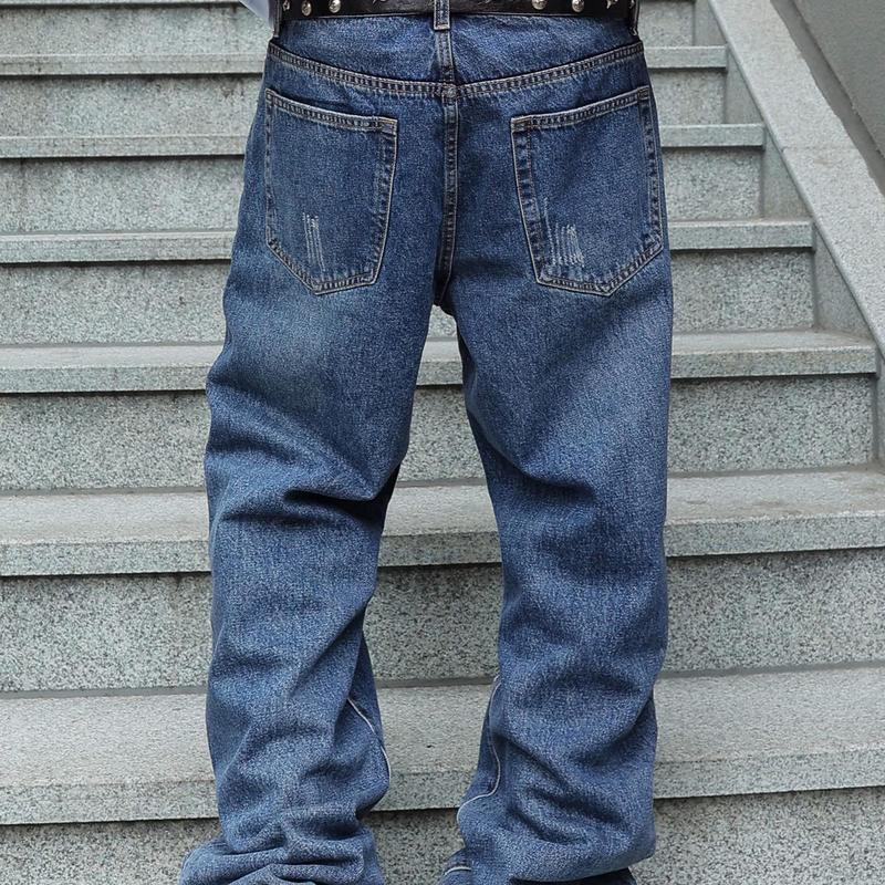 MZNBURAM Men's Ripped Non-Stretch Relaxed Fit Straight-Leg Denim Pants Jeans-Menswear Streetwear Trouser