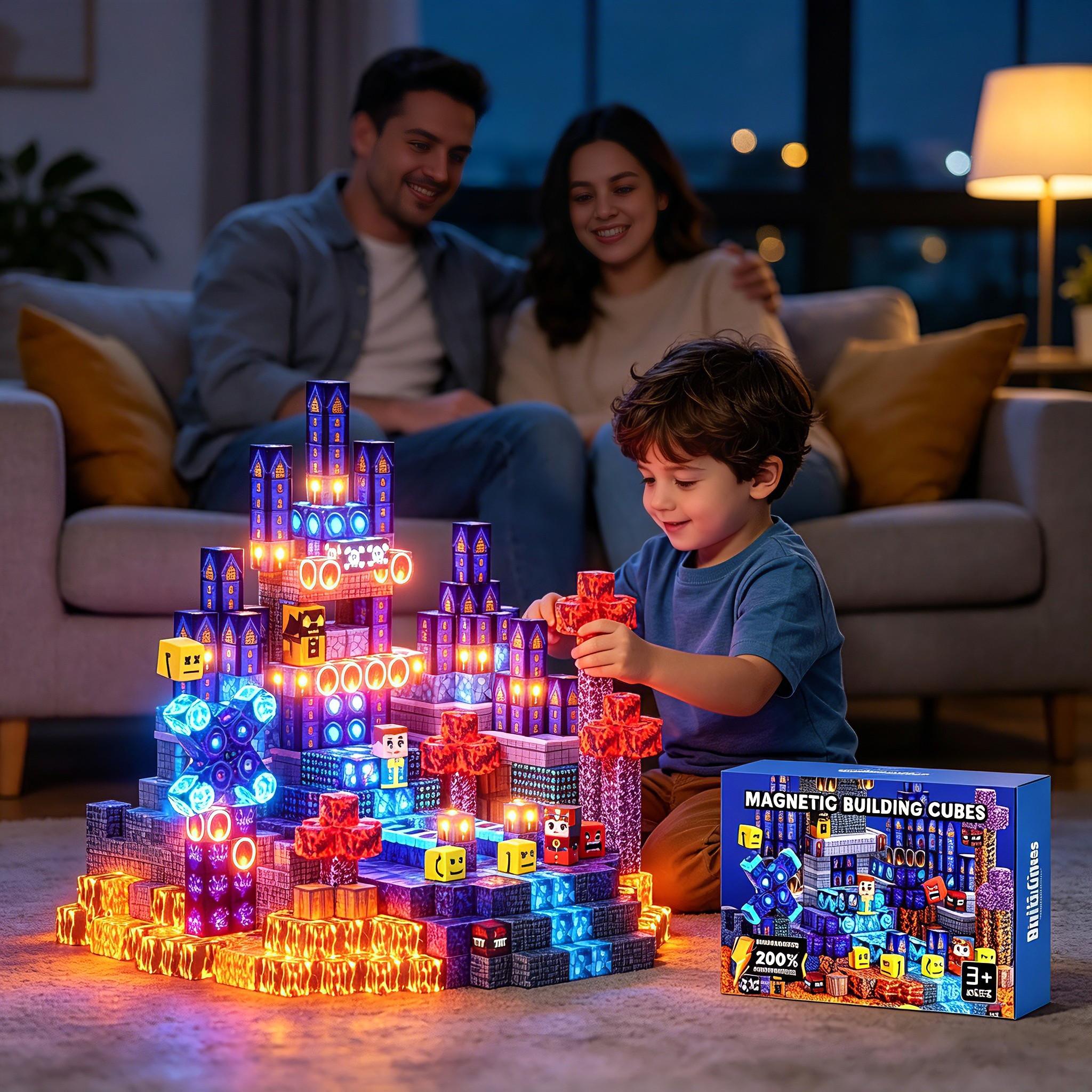 100pcs/150pcs/200pcs Magnetic Puzzle Blocks, Glowing Blue Castle Set, Stem Montessori Creative Toy, Ages 3-12, Birthday Gift