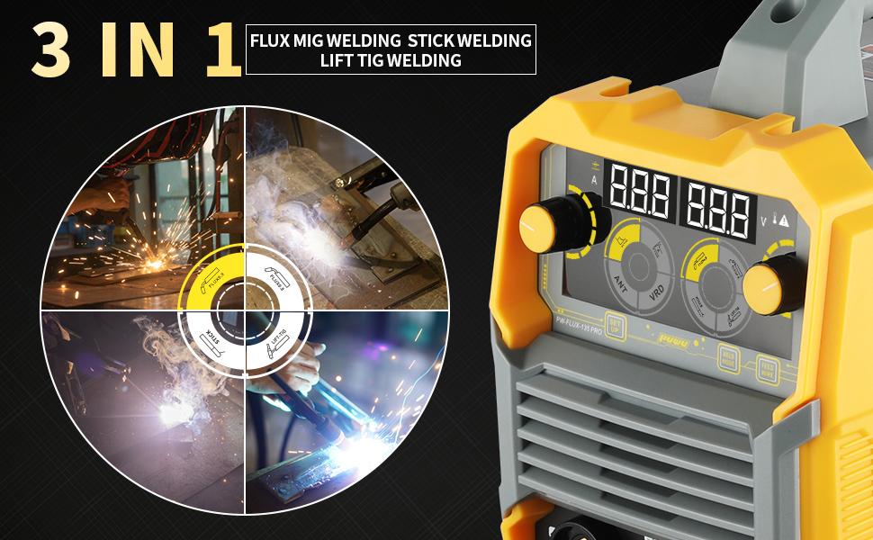 Puwu 135A 110V MIG Welder,Flux Core Welder with Flux MIG/Lift TIG/Stick 3-in-1 IGBT Inverter LED Digital Display Gasless Welder