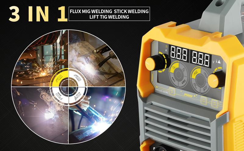Puwu 135A 110V MIG Welder,Flux Core Welder with Flux MIG/Lift TIG/Stick 3-in-1 IGBT Inverter LED Digital Display Gasless Welder
