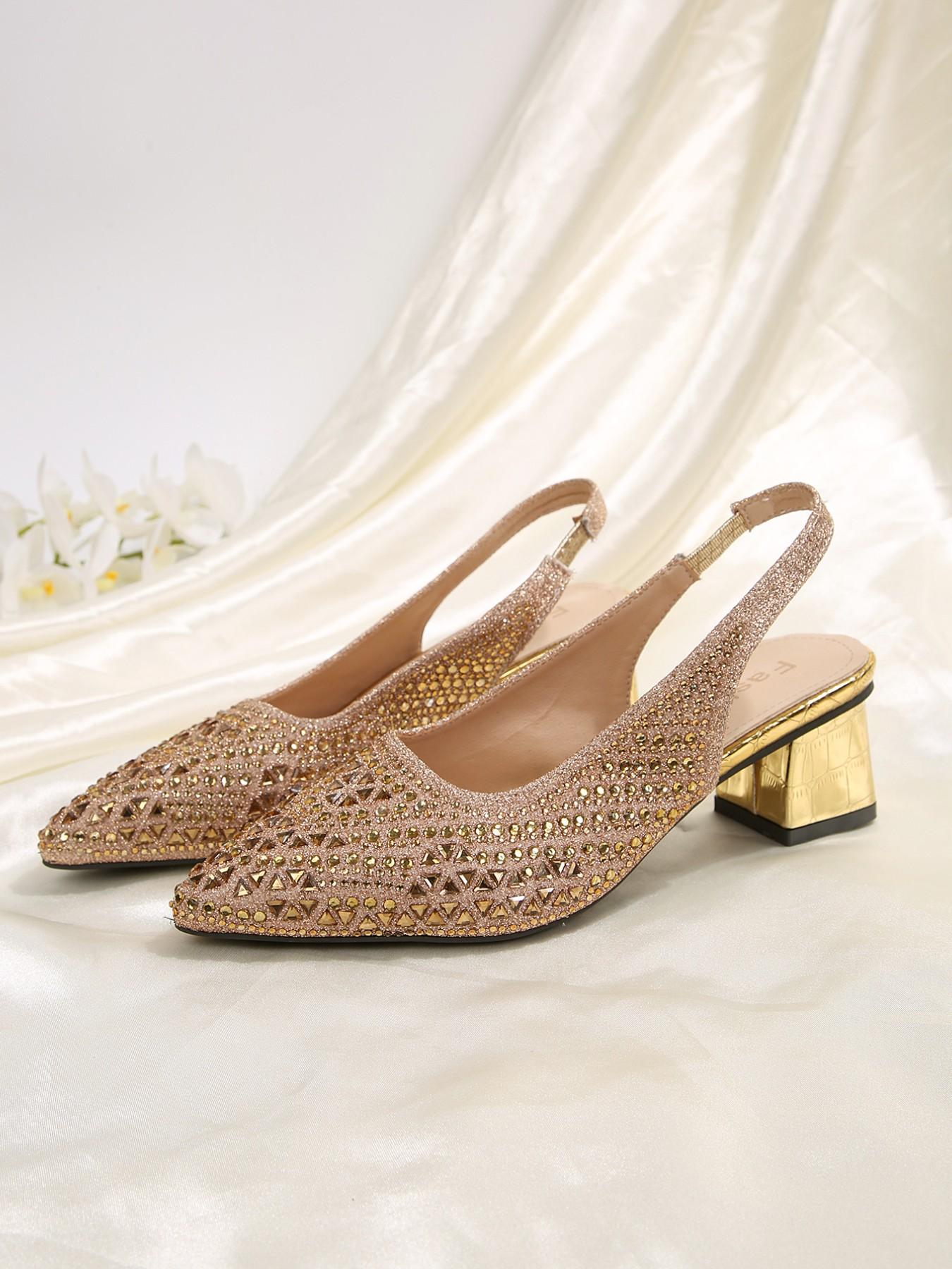 YYW1 Women's Pointed Toe Chunky Heel Slip-On Shoes, Textile Upper, TPR Sole, Elegant Comfortable Casual Wear & Party Footwear