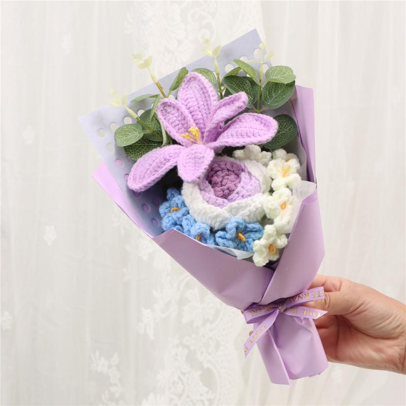 Realistic Tulip Rose Bouquet, Handmade Knitted Flower Arrangement, Crochet Artificial Flowers, Wedding Decoration, Christmas Valentine's Day Gift, Party Present