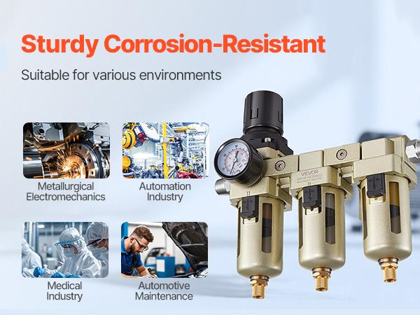 VEVOR Air Compressor Filter Regulator, 3/8 NPT 3-Stage Air Compressor Water Separator with 5m/1m/0.01m Micron Filter Elements, Semi Auto Drain Air-Drying System 145PSI Max Pressure, Poly Bowl