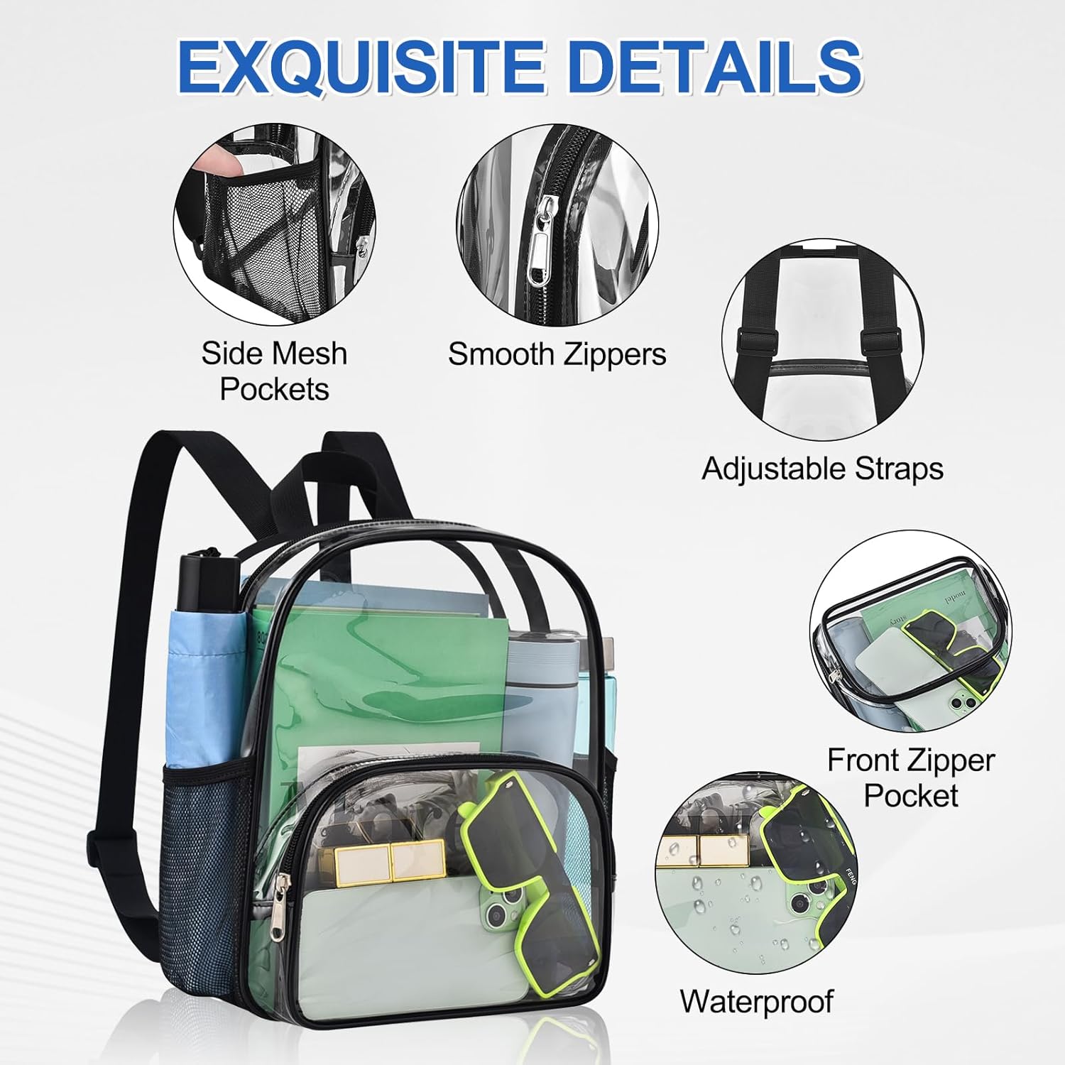 Clear Backpack for Stadium Events Small Clear Bag with Front Pocket 9.5" x 6"x 11.5"  Stadium Backpack Women Fashion Backpack for Concert  Travel, Black
