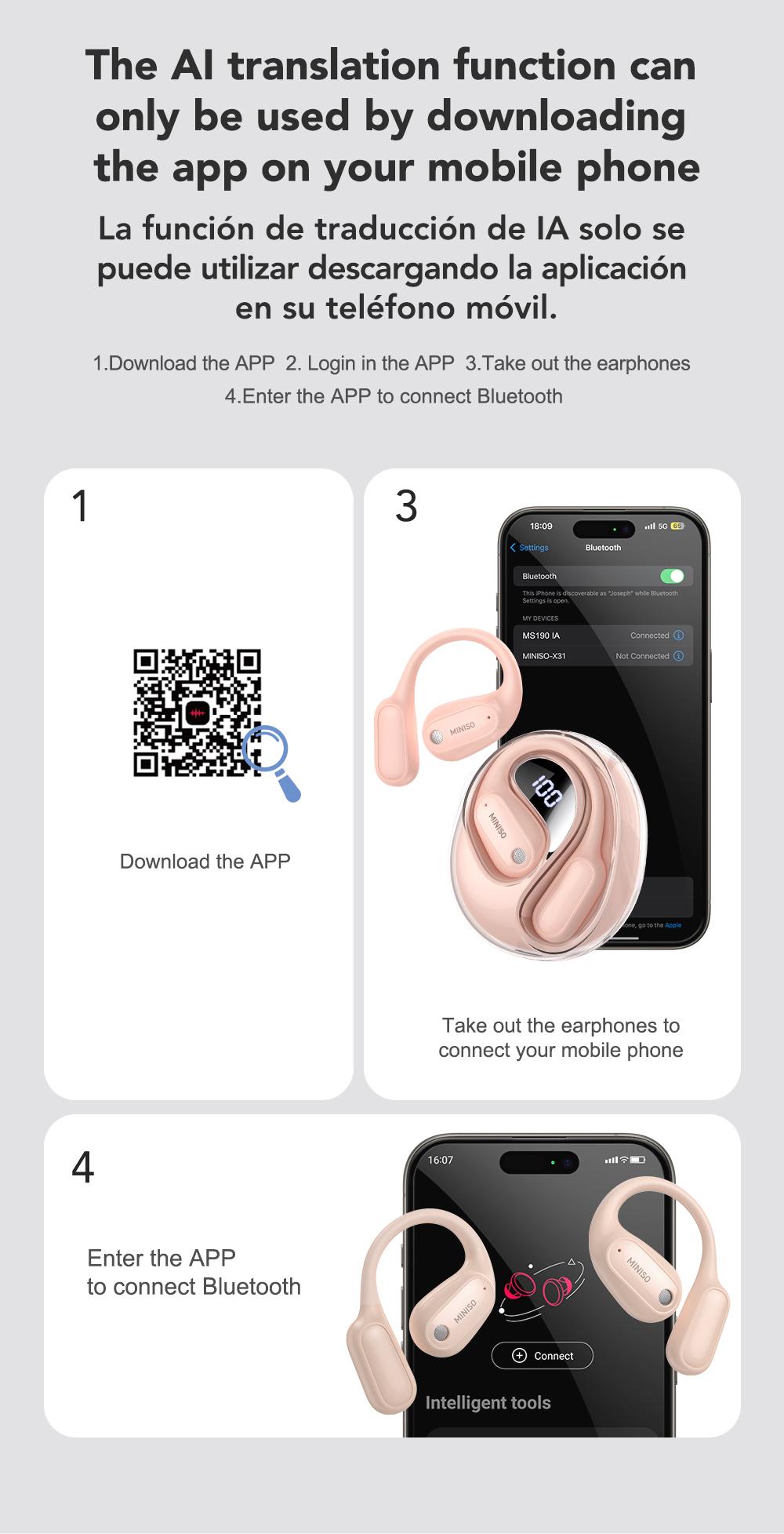 MINISO MS190 Translation Earbuds with APP, Support 134 Languages, Wireless Bluetooth 5.4, OWS Open Ear Headphones, HIFI Sound Quality Sports Gaming with Low Latency Earbuds IPX5 Waterproof With microphone Earphones Headsets