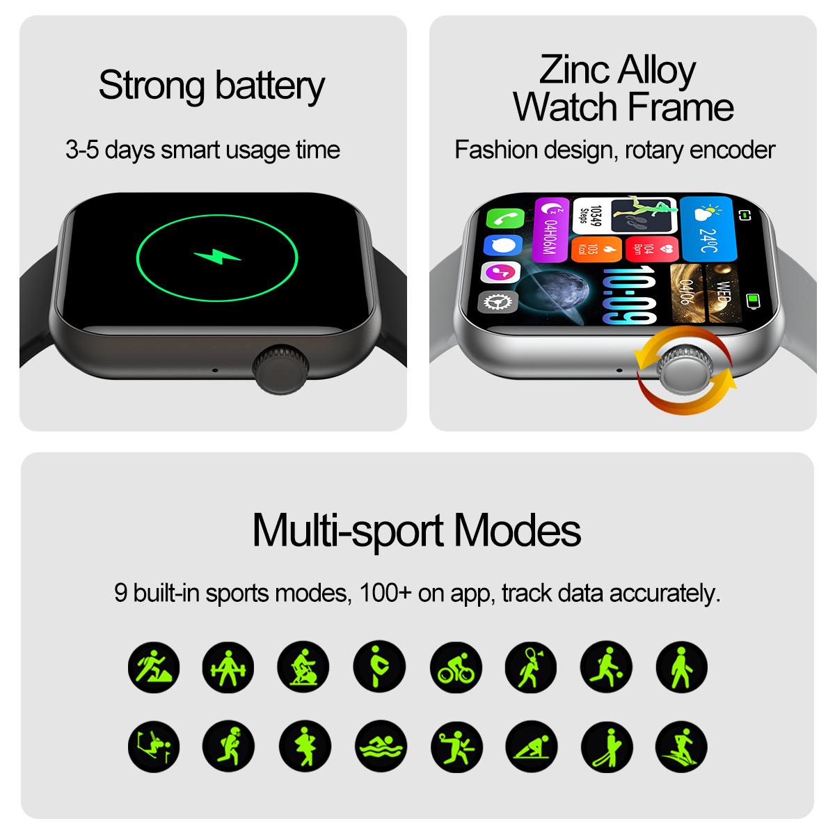 Universal smart sports watch, 1.83 inches HD touch screen, wireless calling, compatible with Android/iPhone, over 100 sports modes, pedometer, blood pressure and heart rate sports tracker, stainless steel and silicone dual strap, waterproof.