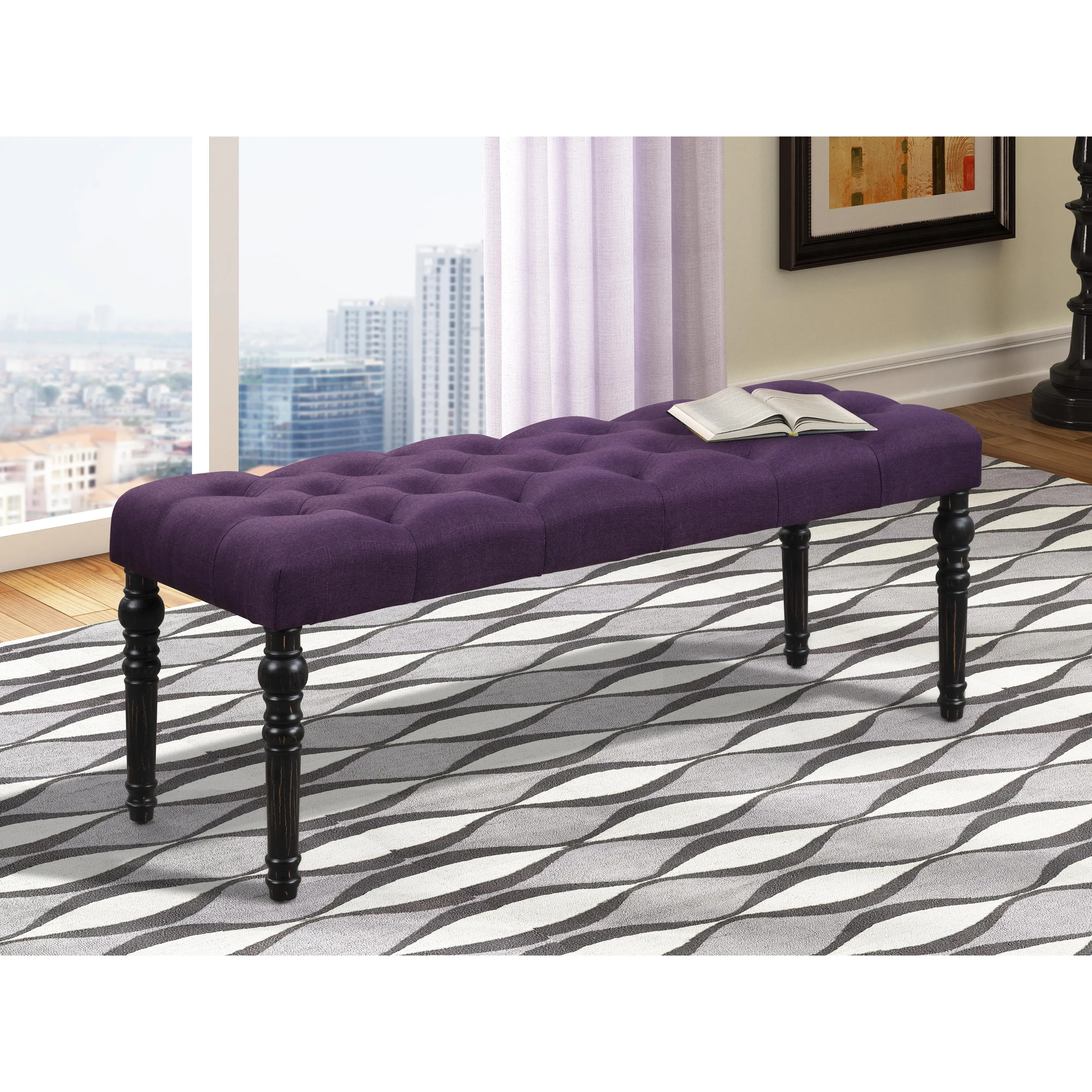 Purple Fabric Tufted Dining Bench with Button-Tufted High Back and Solid Wood Frame, 48-Inch