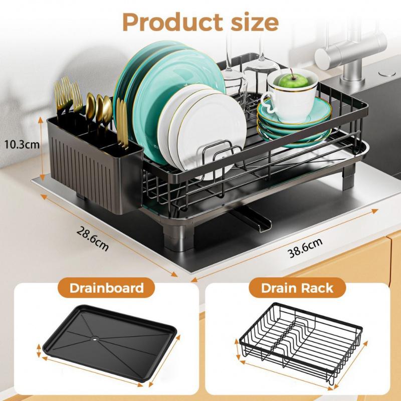 Household kitchen dish rack, quick drainage at the sink drip position, non-slip feet for enhanced stability, equipped with utensil holder and knife clip, classified storage for bowls and plates