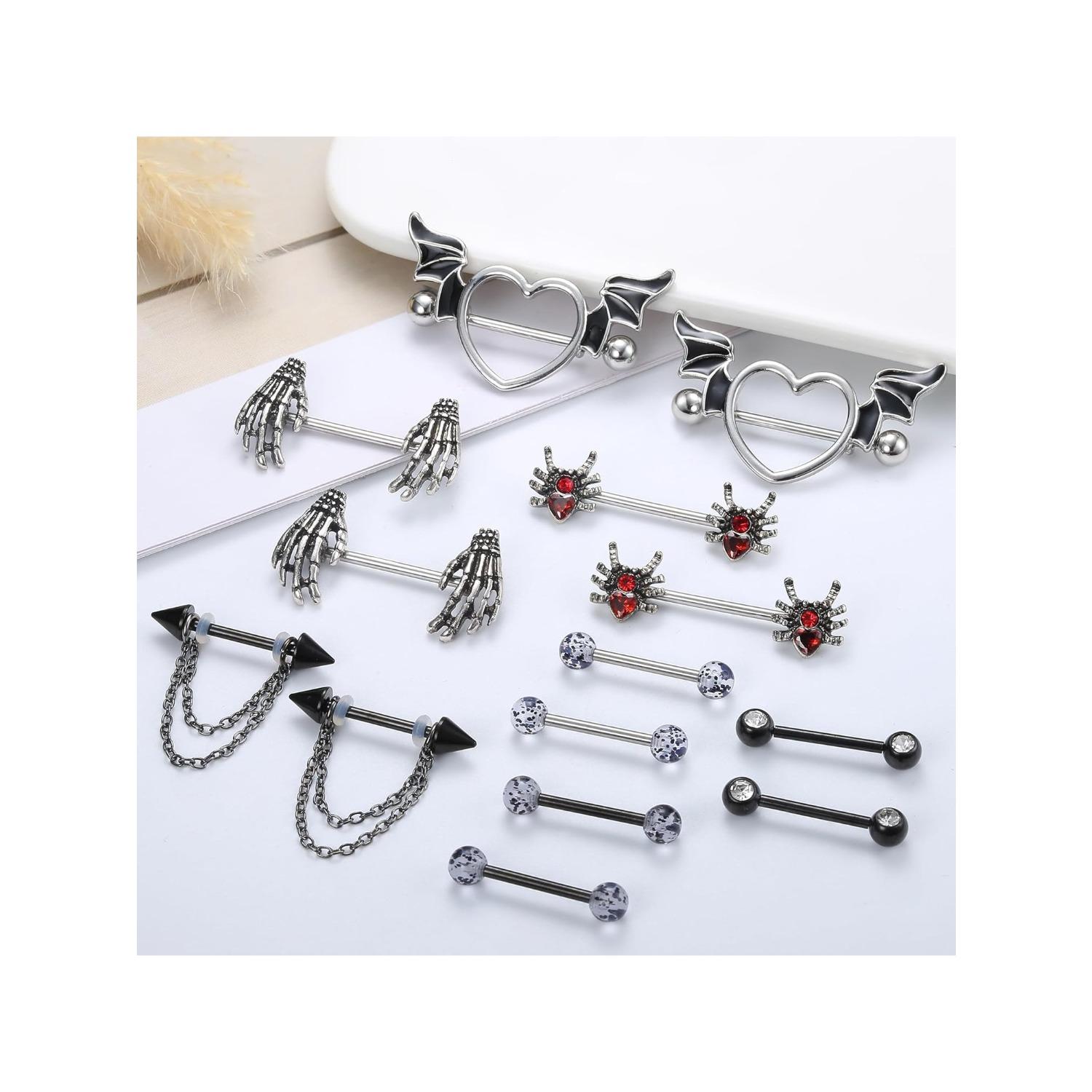 7 Pairs 14G Nipple Rings 316L Surgical Steel Nipple Piercing CZ Heart Butterfly Barbell Tongue Rings Set Cute Nipple Tongue Piercing Jewelry for Women Body Jewellery