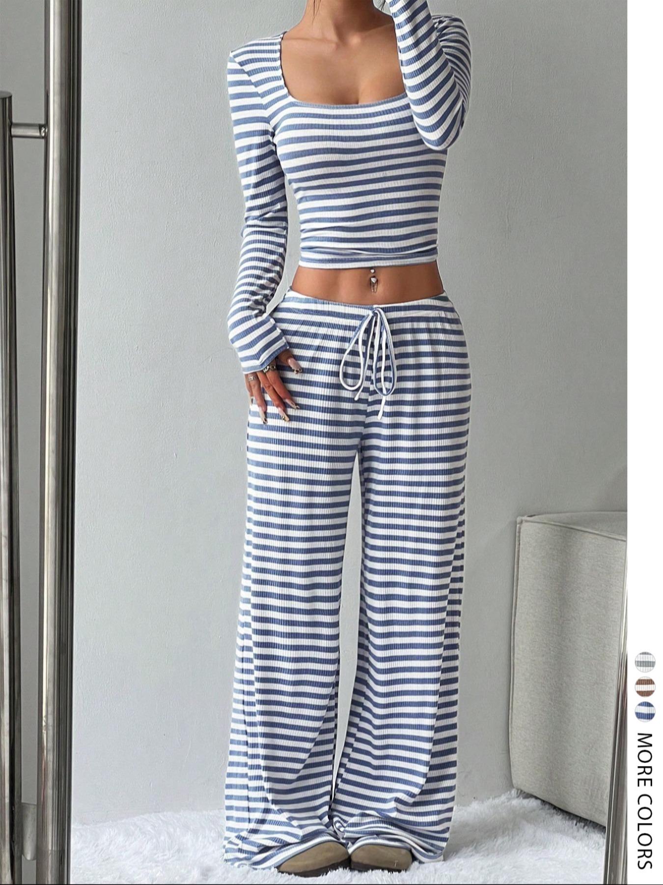 Women's Casual Striped Colorblock U-Neck Crop Pullover Sweater with Waist Rope Decorative Long Pants Two-Piece Set for Daily Wear,Airport Outfit