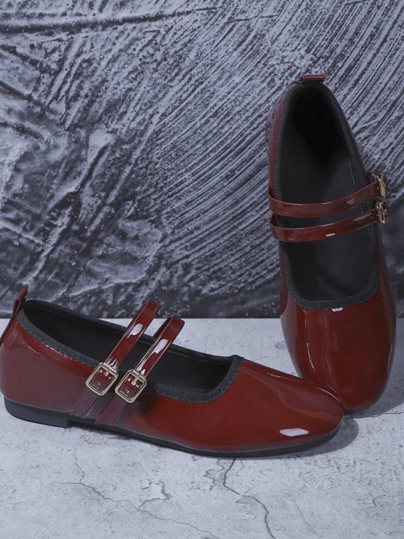 2026 New Women's Double Buckle Mary Jane Shoes, Square Toe Leather Soft Sole Ballet Flat, Casual for Work, Date, Daily Wear, College Style