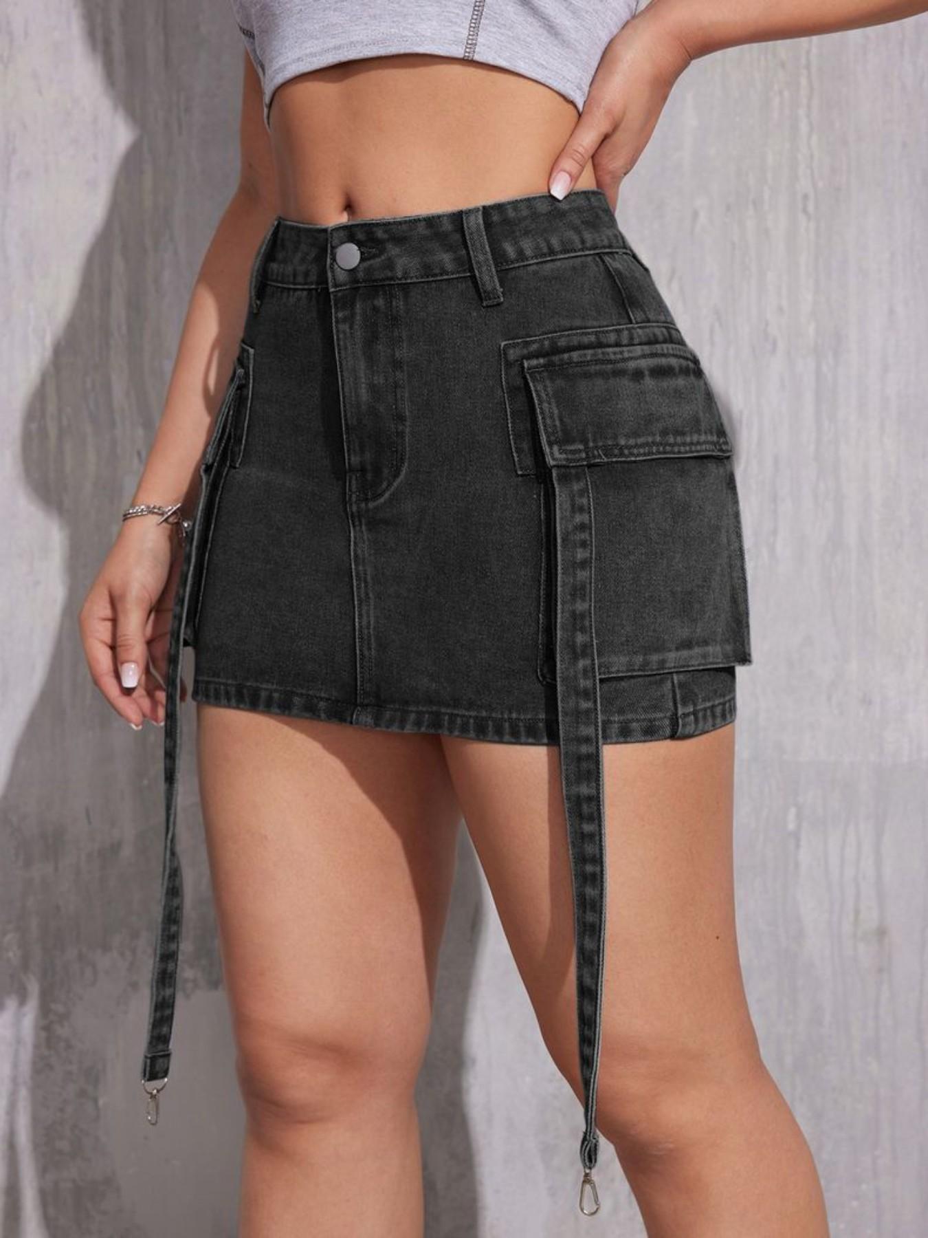 Women's High Waist Y2K Denim Mini Skirt, Dual Pockets, American Style, Multi-Color, Trendy Backless Design, Perfect for Casual Wear