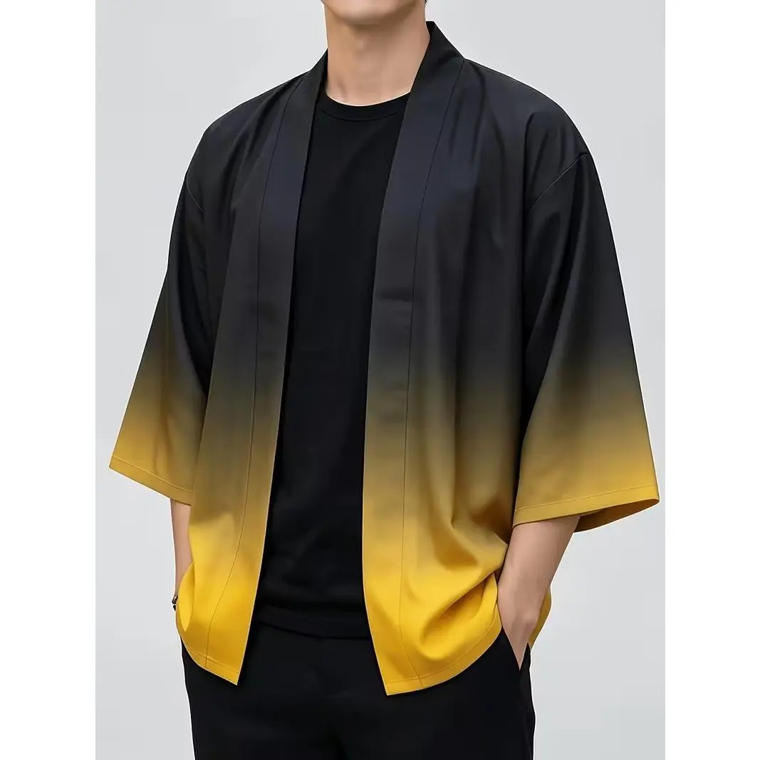 Men's Vintage Ombré Print Kimono Cardigan – Loose Fit, Collarless Design, Comfortable Outerwear | Vintage-Patterned Shirt | Machine Washable | Simple & Elegant | Casual Wear