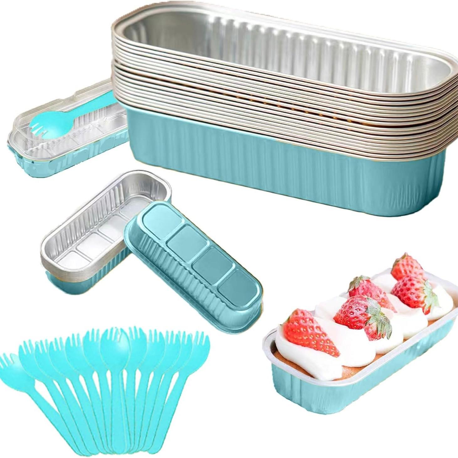 20pcs Long Rectangle Tiramisu Chocolate Packaging Foil Boxes, Aluminum Cake Box Dessert Molds, Disposable Foil Cups for Baking