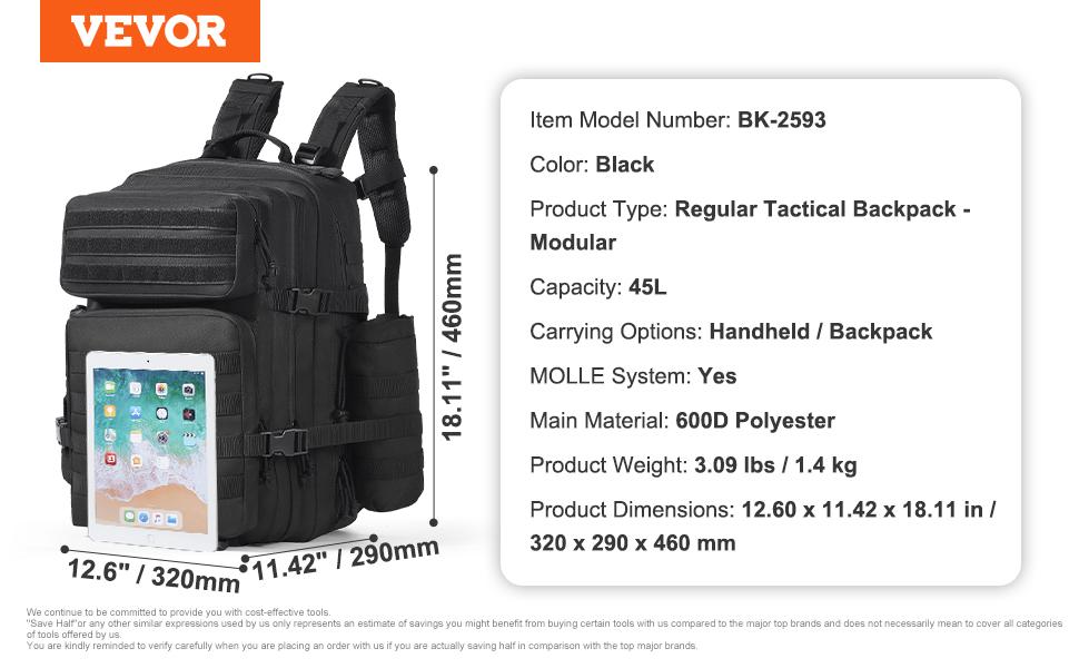 Tactical Backpack, 45L Military Tactical Backpack with Molle Design 3 Compartments, Army Assault Pack Bag for Men and Women, Range Gear Backpack for Outdoor Adventure, Hiking, Hunting, Black
