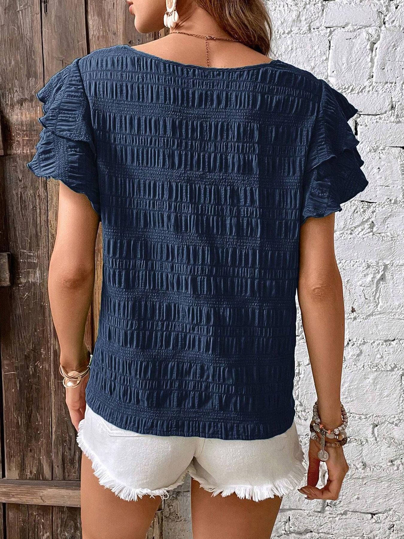 A women's solid color double-layer ruffled sleeve round neck elegant Casual pullover T-shirt Top, suitable for summer, daily commuting, and home wear, Womenswear