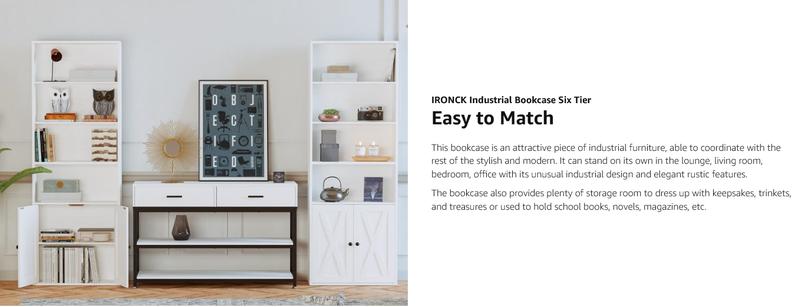 IRONCK Industrial Bookshelves and Bookcases with Doors Floor Standing Six Shelf Display Storage Shelves 70 in Tall Bookcase for Home Office, Living Room