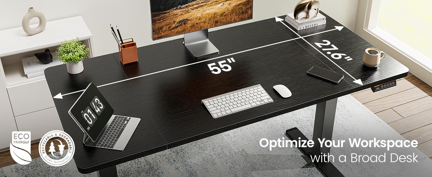 Huuger 48/55 Inch Electric Standing Desk, Stand up Desk, 27.6" Deep Desktop, 28.3" to 46.5" Height Adjustable Desk, Computer Desk with 2 Hooks, 3 Preset Heights, Office Desk