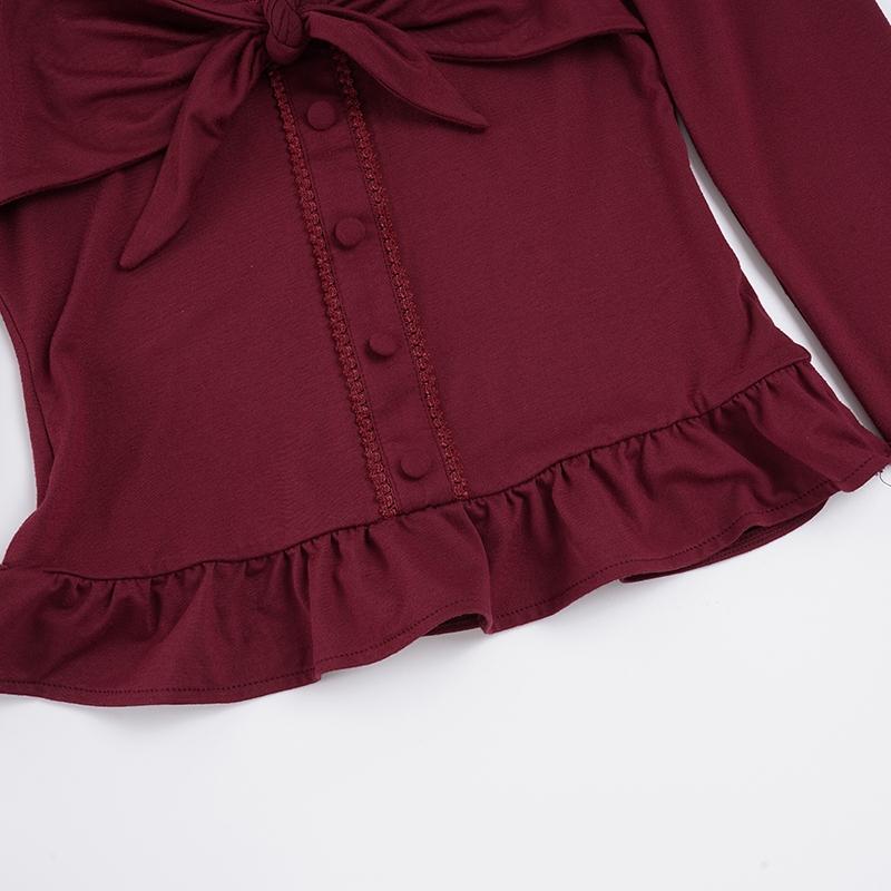 Elegant Flared Bell Sleeve Buttoned Slim Fit Women's T-Shirt, Bow Tie Ruffle Hem Street Style Top, Y2K Patchwork Long Sleeve Tee