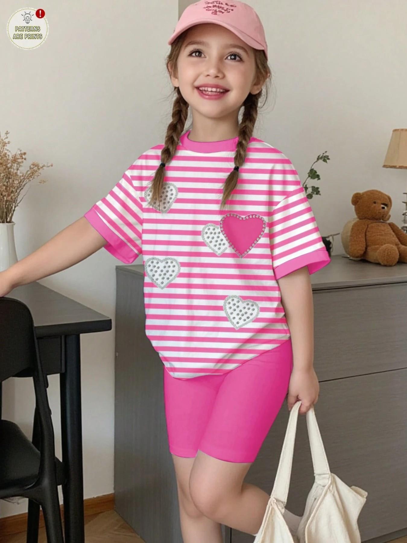 Girls' 2-Piece Set Summer, Striped Heart Print T-Shirt & Shorts, Casual Everyday Wear, Perfect for Parties & Holidays