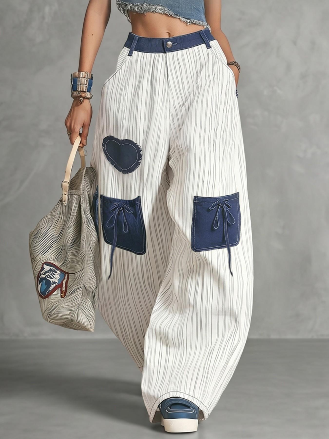 High-Waisted Loose Fit Oversized Pants, Street Fashion Trousers, Colorblock Pocket Patchwork Striped Tie Waist Adjustable Long Pants, Stylish, Comfortable and Casual Fashion Bottoms