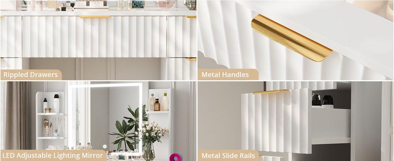 VOWNER Modern Vanity Desk with Mirror and Lights Makeup Vanity Desk with Drawers and Storage Shelves & Power Outlet Hair Dryer Rack Dressing Table with Glass Top