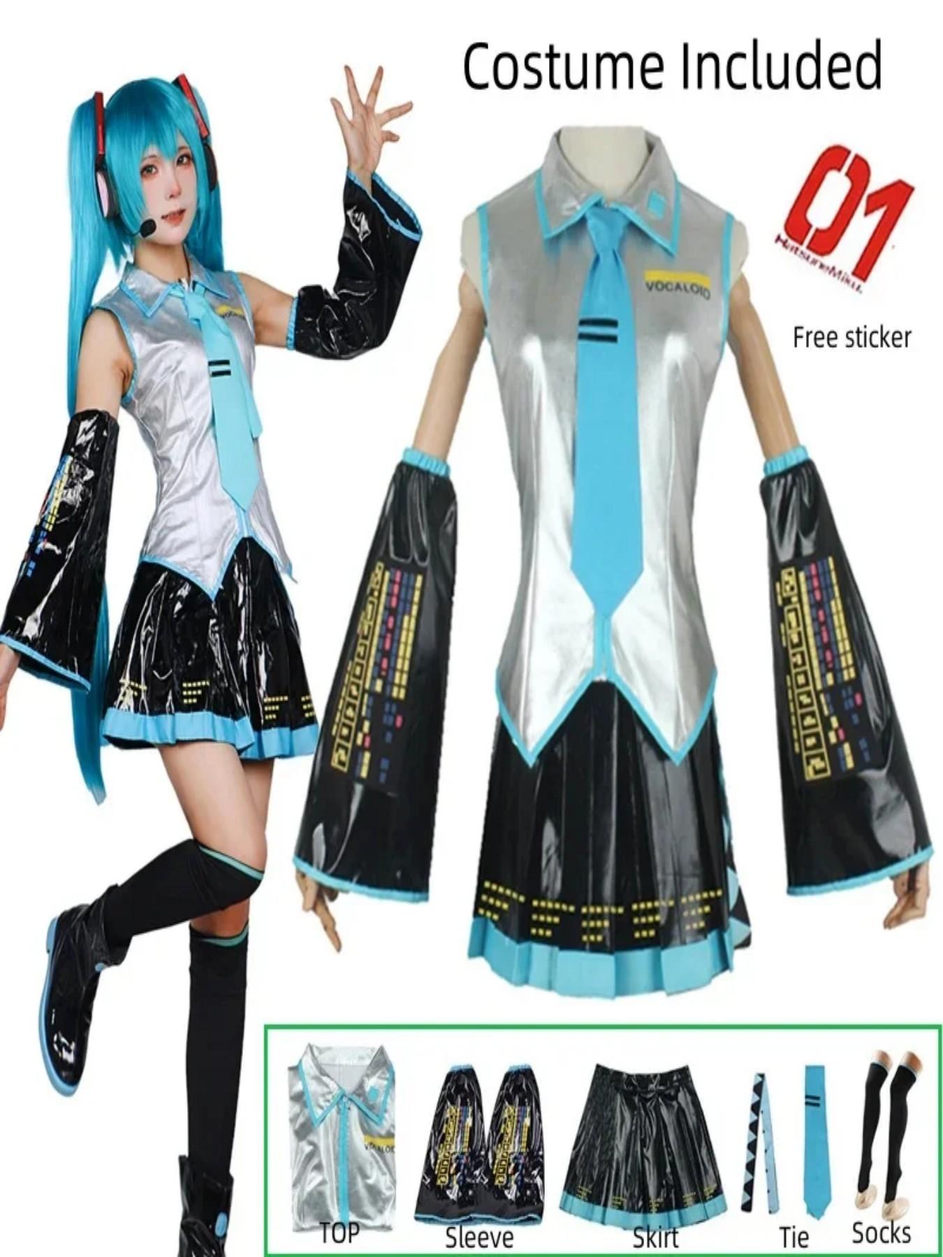 Miku Cosplay Full Set Silver Leather Fabric Suit Miku Cosplay Headwear Costume Outfit JK Sailor Dress High School Uniform Hallow
