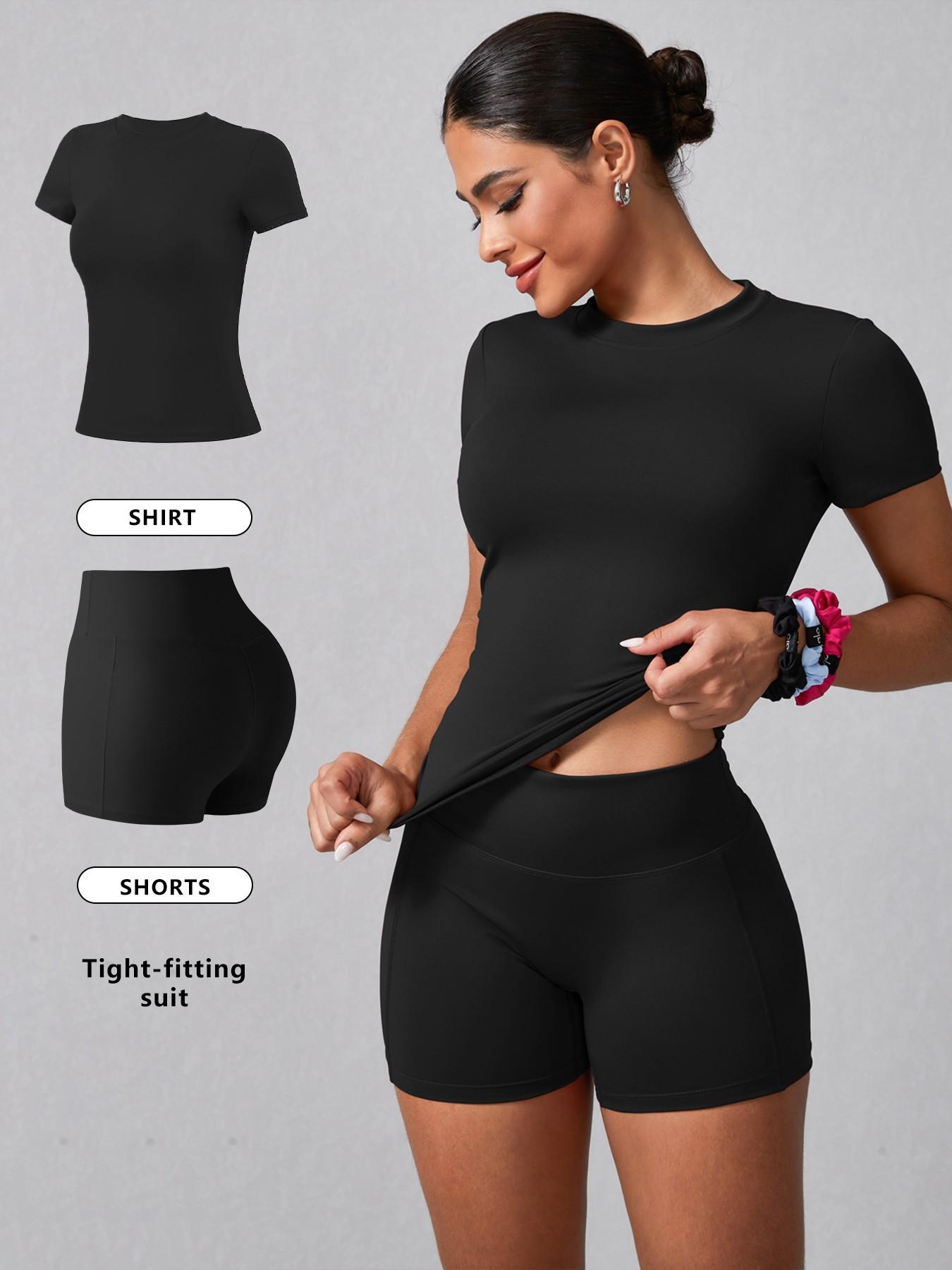 Women's Solid Ribbed Tee & High Waist Shorts Loungewear, Casual Comfy Round Neck Short Sleeve T-Shirt & Skinny Shorts PJ Set, Ladies Sleepwear for Summer, Pajama