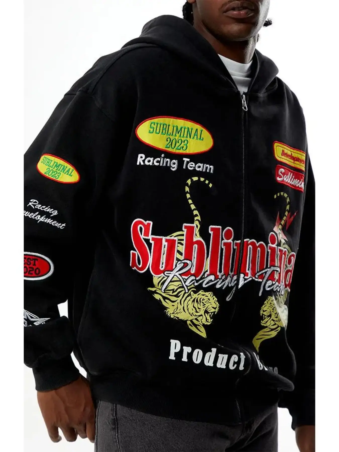 Men's Subliminal Racing Full Zip Hoodie | Oversized Streetwear Motorcycle Hooded Jacket | Graphic Print Casual Outerwear for Men