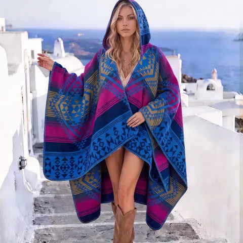 Women's Boho Geometric Print Shawl, Elegant Fashion Accessory, Warm and Comfortable, Hooded Windproof Design, Essential Stylish Wrap, Boho Style Scarf