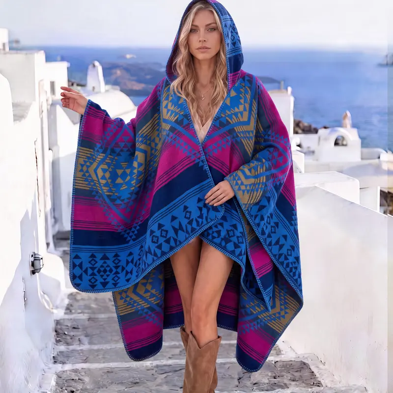 Women's Boho Geometric Print Shawl, Elegant Fashion Accessory, Warm and Comfortable, Hooded Windproof Design, Essential Stylish Wrap, Boho Style Scarf
