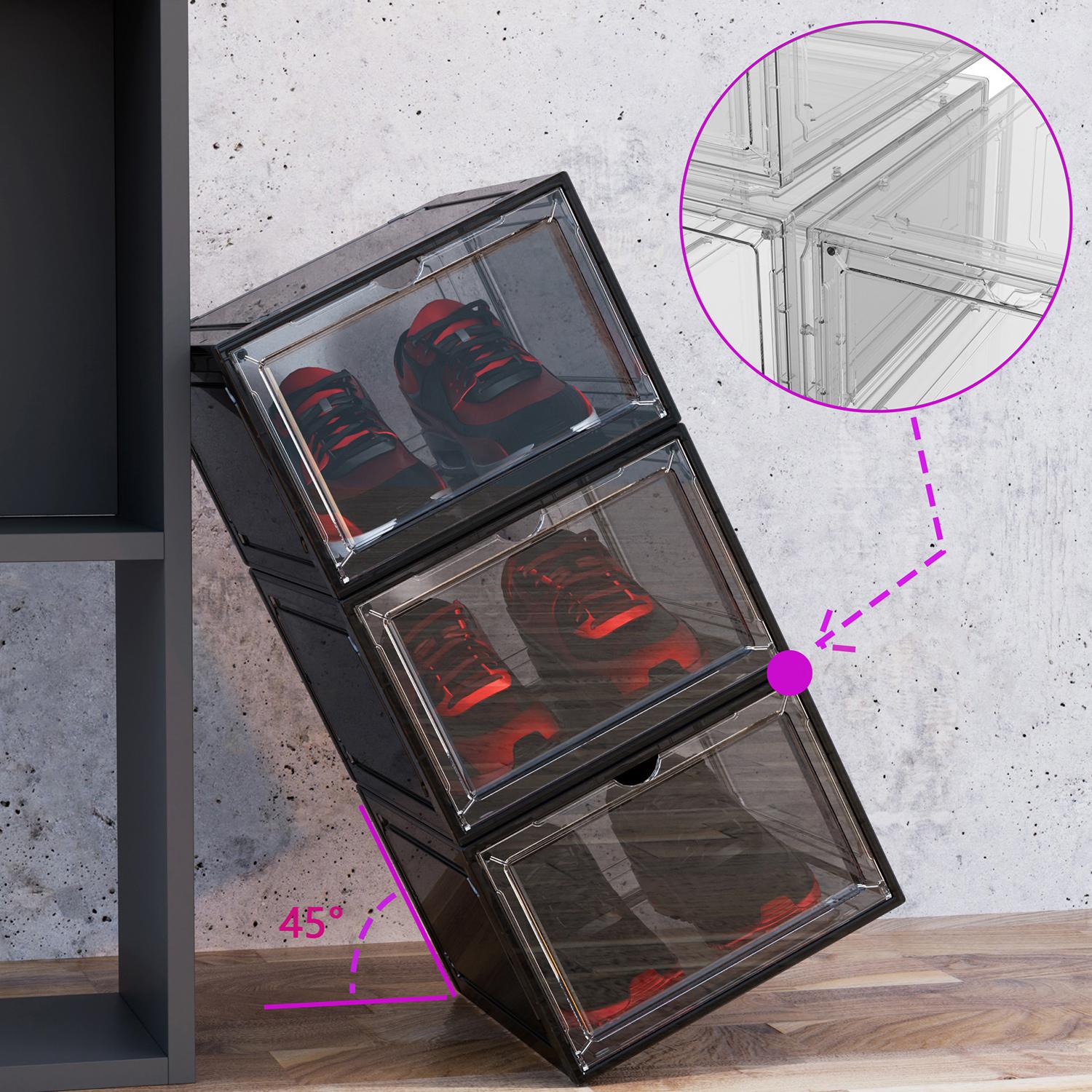 6 Pack Clear Magnetic Stackable Shoe Organizer With Magnetic suction door,   Space Saving Storage Organizer For Entryway, Bedroom, Home, Dorm, Etc