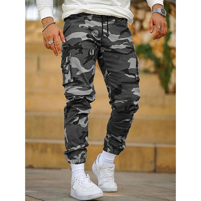 Men's Army Camo Cargo Pants - Military-Inspired, Loose Fit, Drawstring Waist, Multiple Pockets, Nylon Fabric, Urban Graphic Print Outdoor Joggers, Army Camo Men's Pants